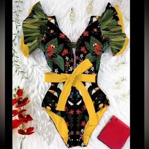 Tropical safari print one piece swimsuit high waist ruffle shoulder